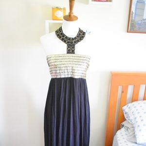 Grecian Black + Gold Embellished Halter Maxi Dress